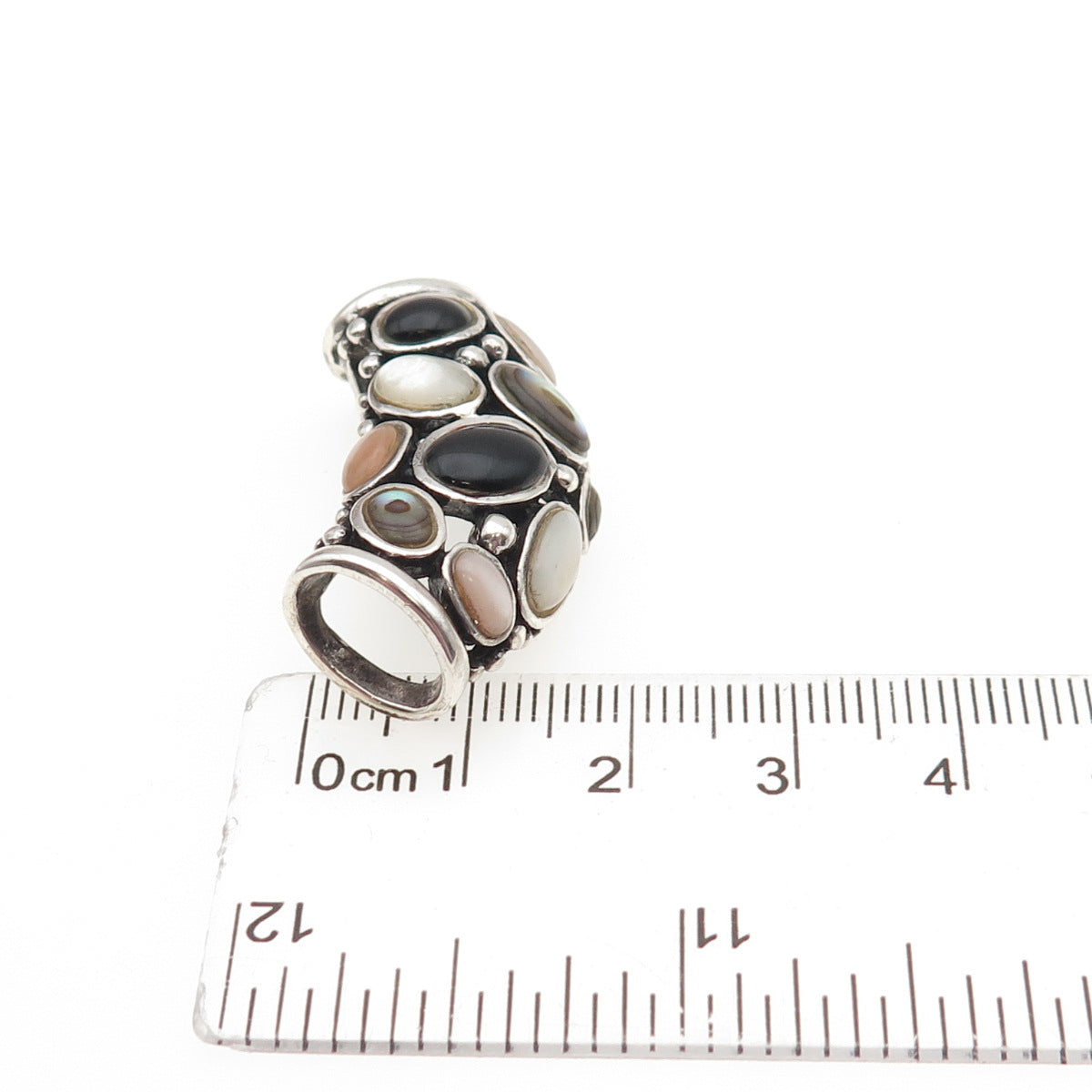 SX Sally C 925 Sterling Vintage Real Black Onyx Abalone Shell MOP Slide Pendant