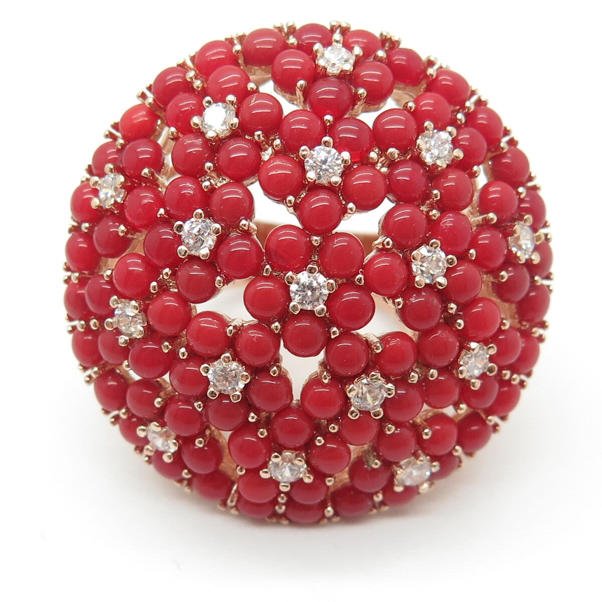 925 Sterling Silver Rose Gold Plated Coral & C Z Dome Statement Ring Size 7.25