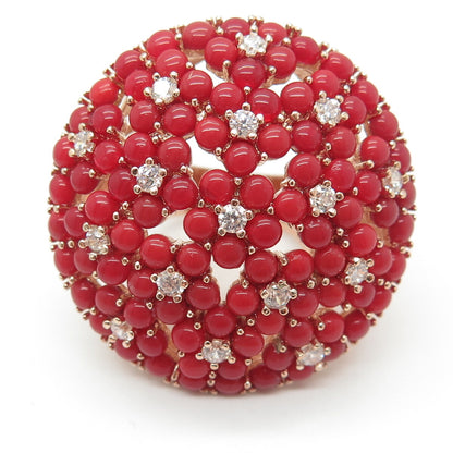 925 Sterling Silver Rose Gold Plated Coral & C Z Dome Statement Ring Size 7.25