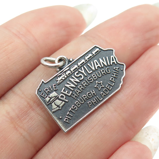 J.M. FISHER 925 Sterling Silver Vintage Pennsylvania State Map Charm Pendant