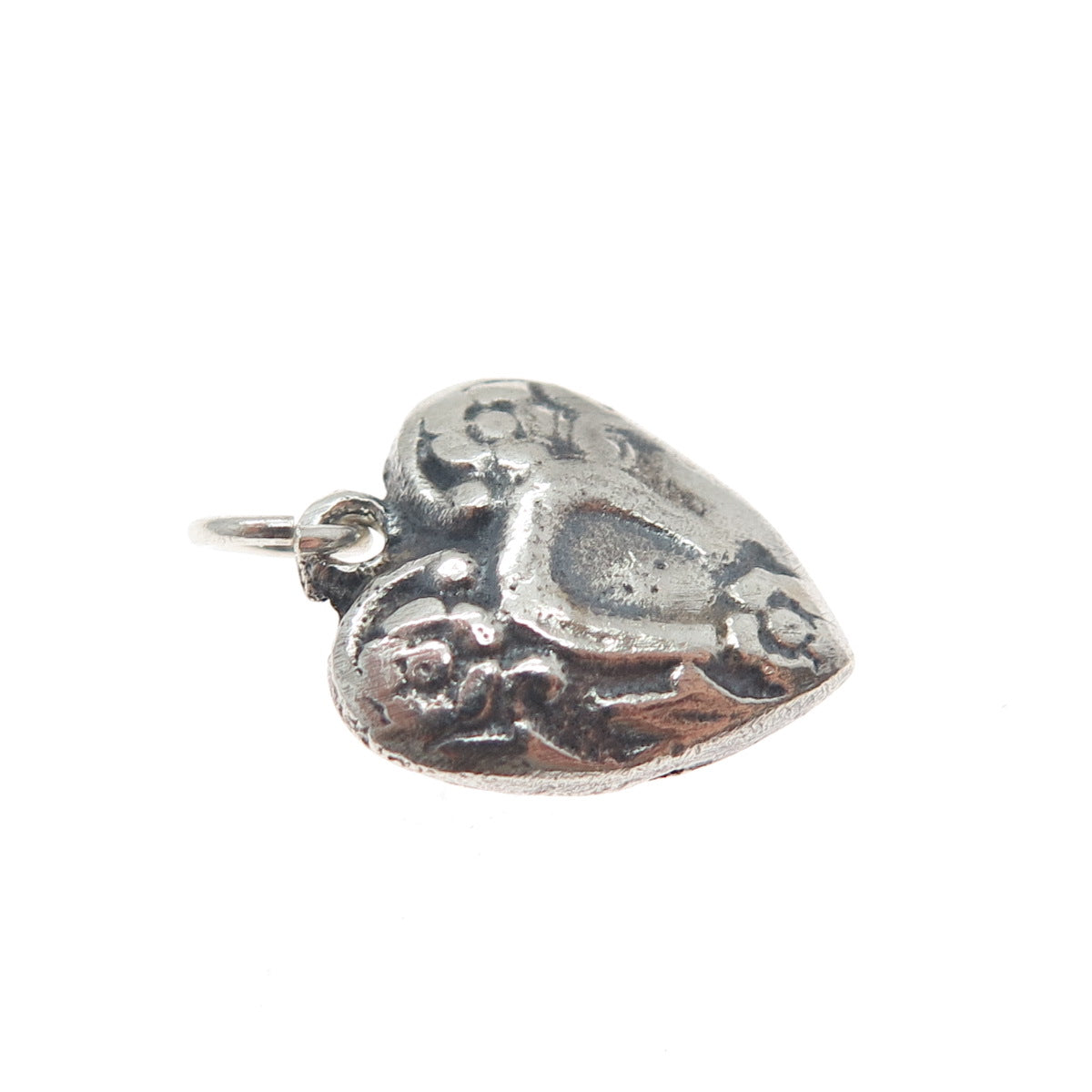 925 Sterling Silver Antique Floral Heart Oxidized Chatelaine Minimalist Pendant