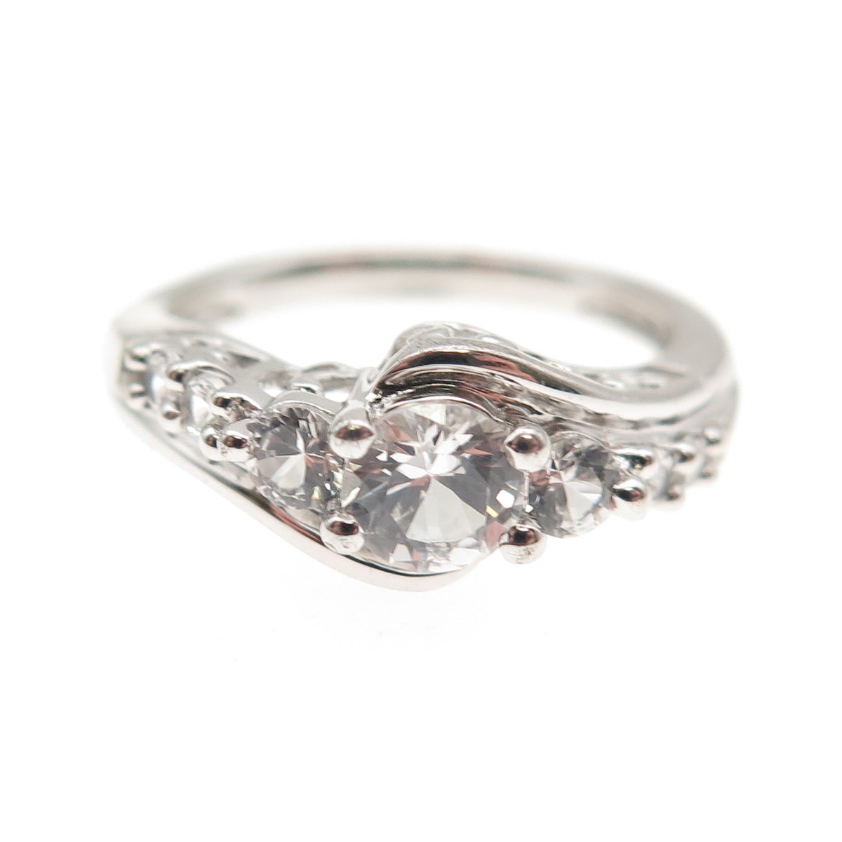 SUN 925 Sterling Silver Real Round-Cut White Topaz Engagement Ring Size 6.75