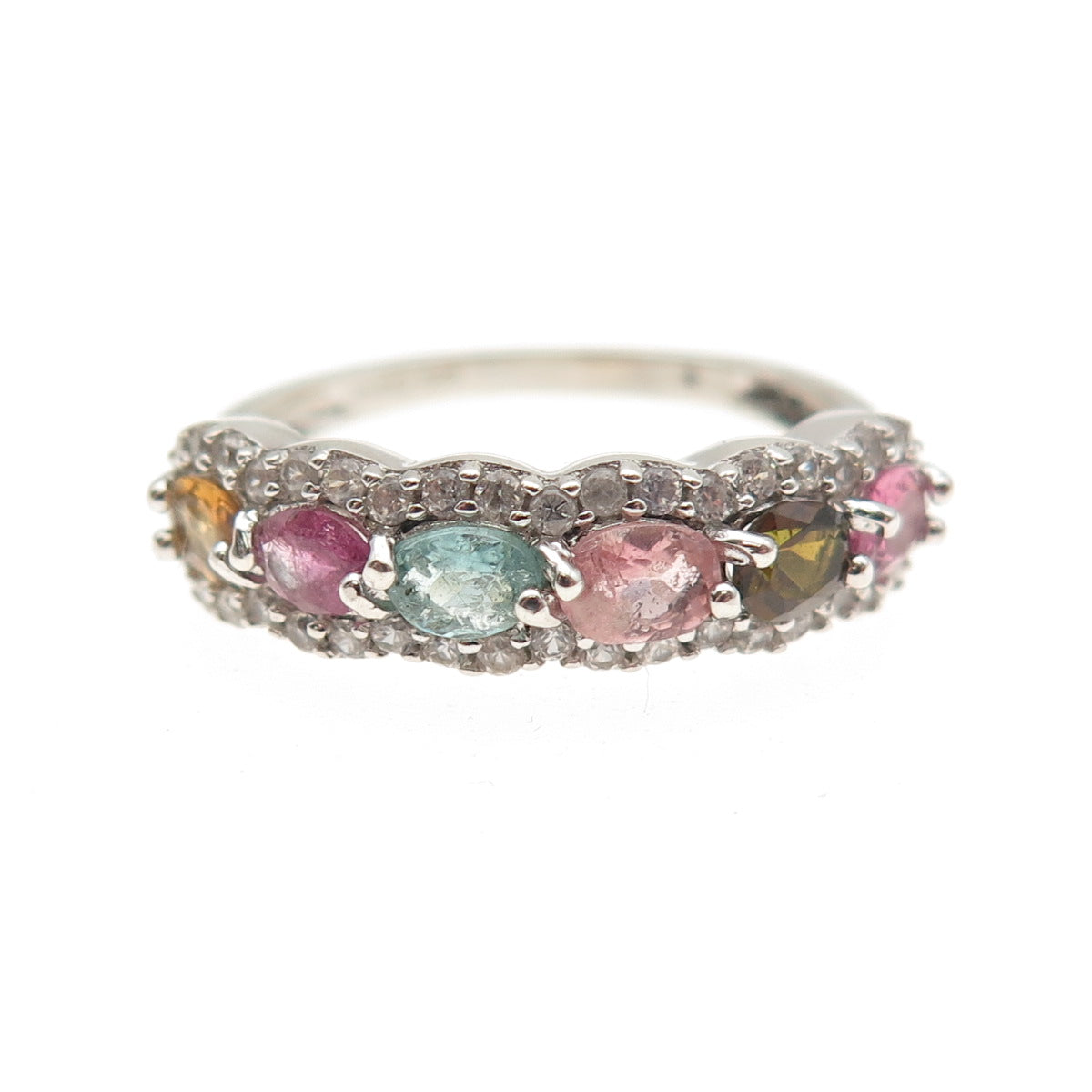 925 Sterling Silver Real Multi-Color Tourmaline & White Topaz Ring Size 6.75