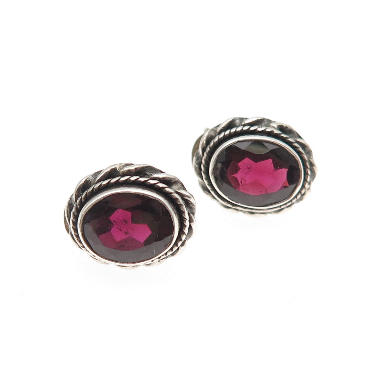 925 Sterling Silver Vintage Real Red Garnet Oxidized Stud Earrings