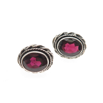 925 Sterling Silver Vintage Real Red Garnet Oxidized Stud Earrings