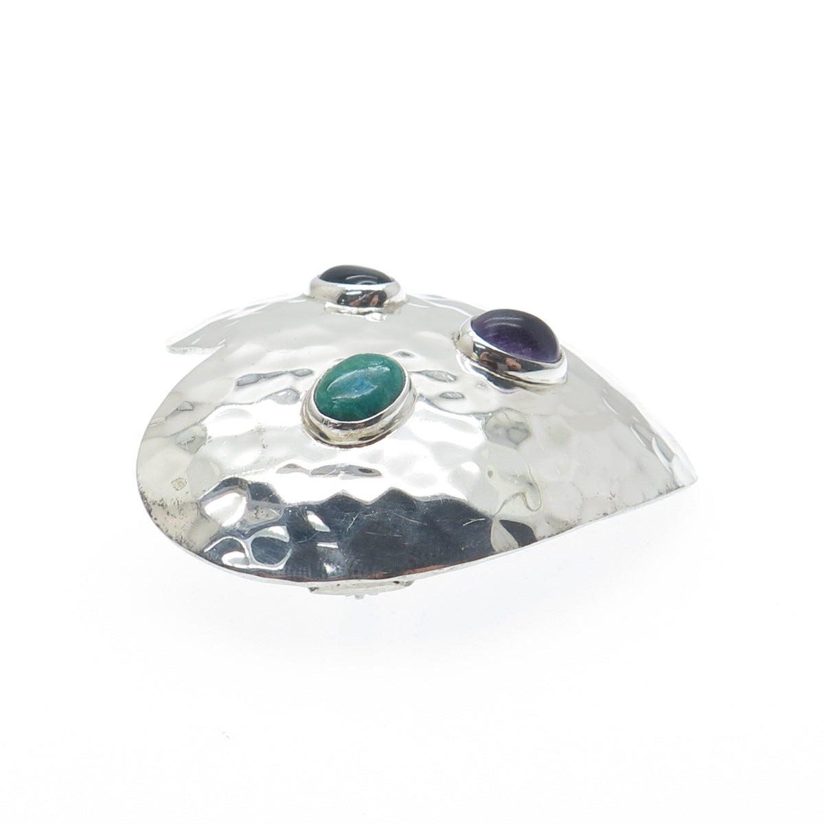 925 Sterling Silver Vintage Mexico Turquoise Amethyst Onyx Hammered Heart Brooch