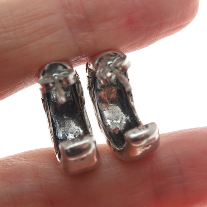 925 Sterling Silver Vintage Israel C Z Modernist Oxidized Hoop Earrings