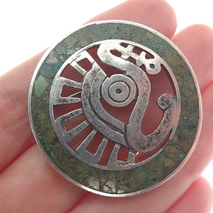 MIGUEL MELENDEZ Sterling Vintage Mexico Turquoise Mayan Symbol Tribal Brooch