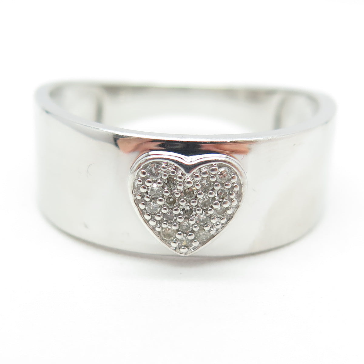 925 Sterling Silver Real Round-Cut Diamond Heart Ring Size 10.75