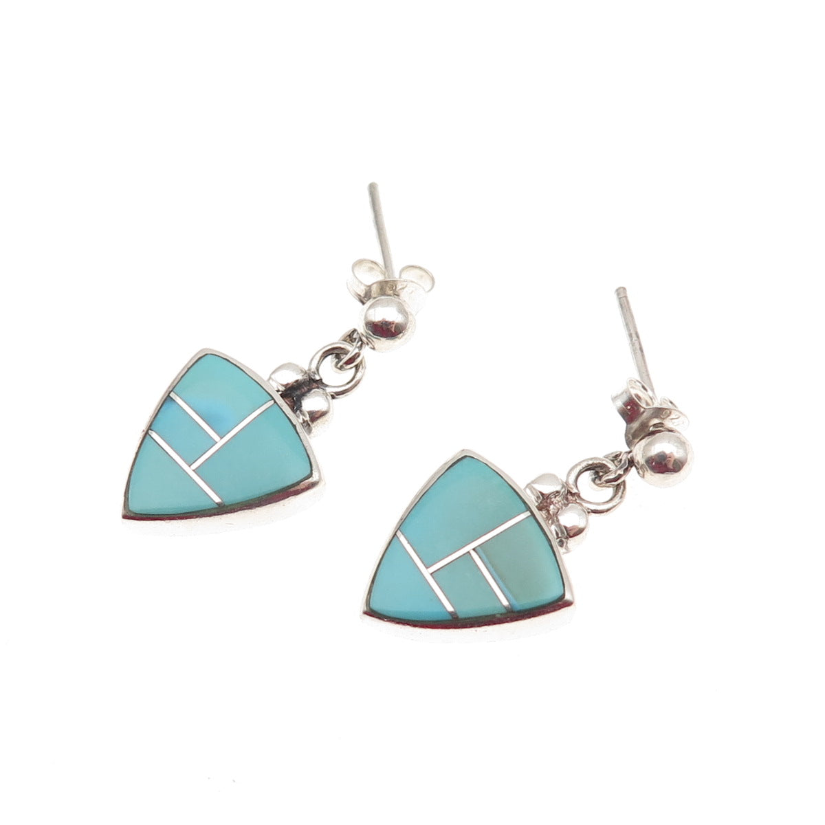 925 Sterling Silver Vintage Real Tyrone Turquoise Triangle Dangle Earrings
