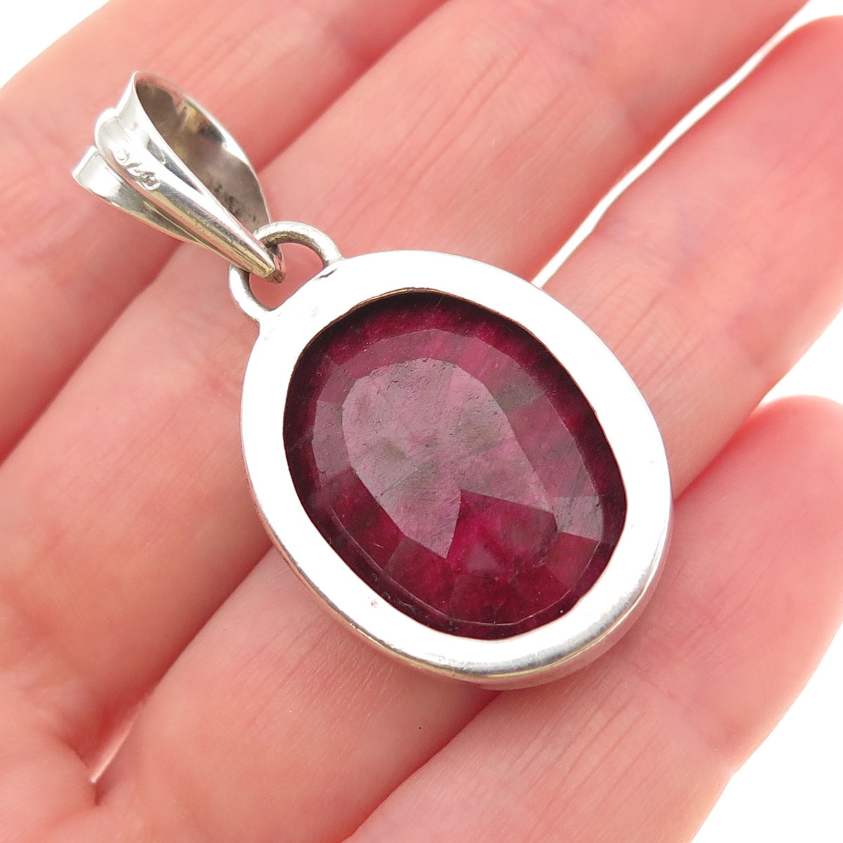925 Sterling Silver Vintage Real Oval-Cut Ruby Charm Pendant