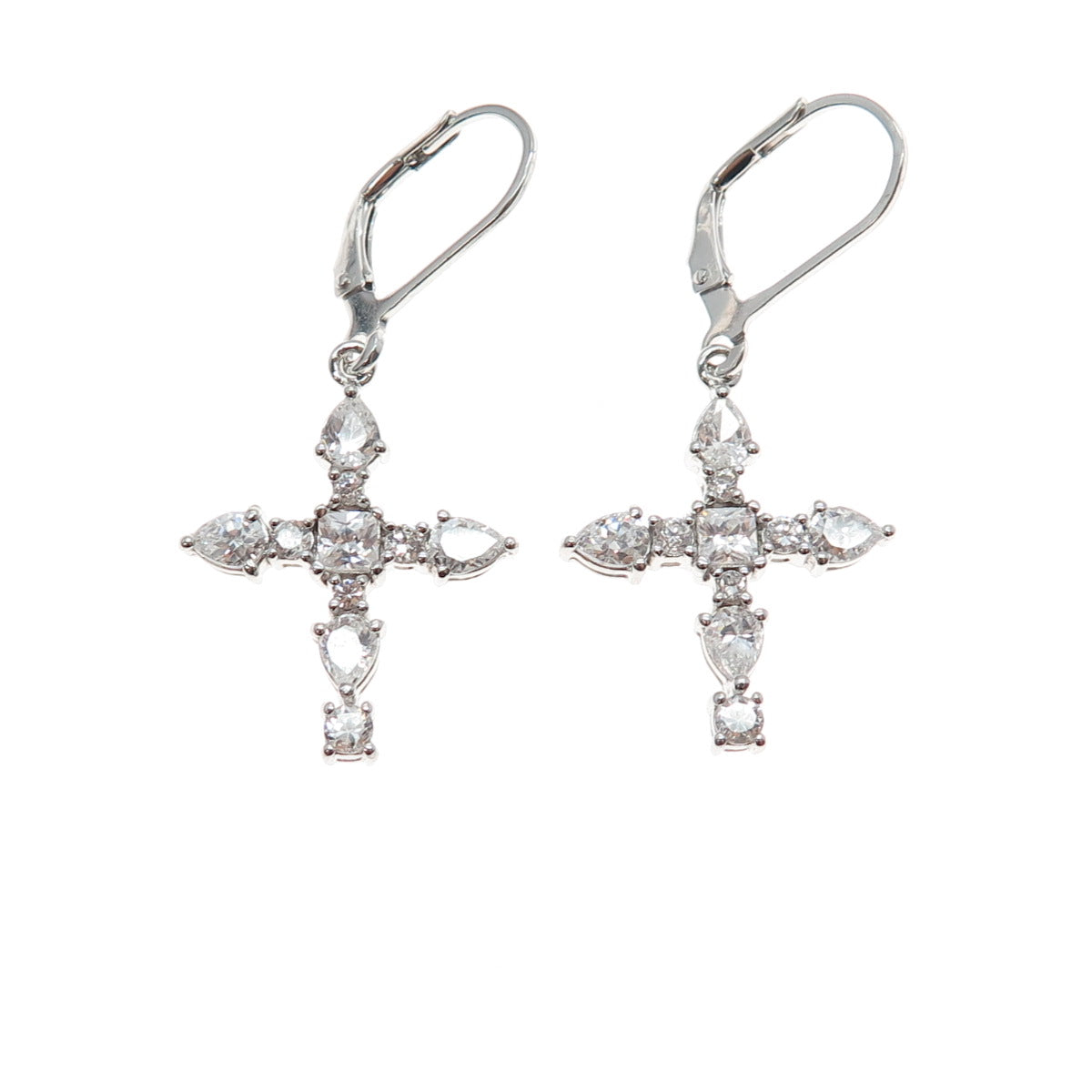 925 Sterling Silver Princess Pear & Round-Cut C Z Cross Dangle Earrings