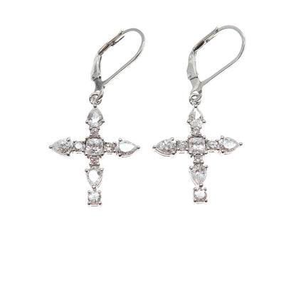 925 Sterling Silver Princess Pear & Round-Cut C Z Cross Dangle Earrings