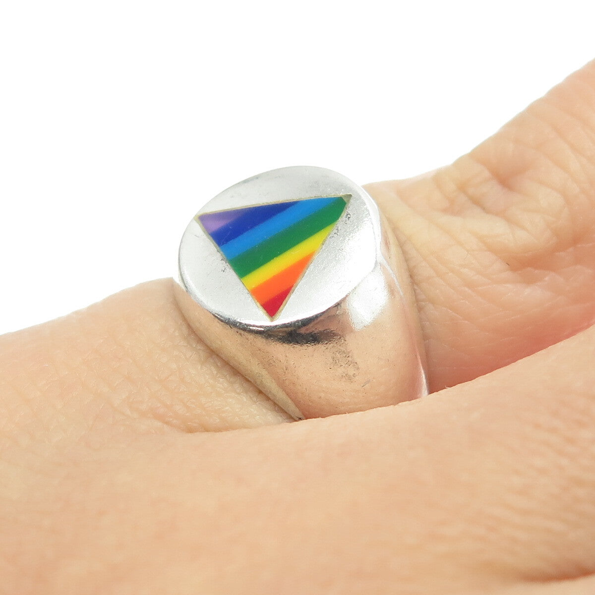 925 Sterling Silver Vintage Rainbow Enamel "Happy Pride" Signet Ring Size 5