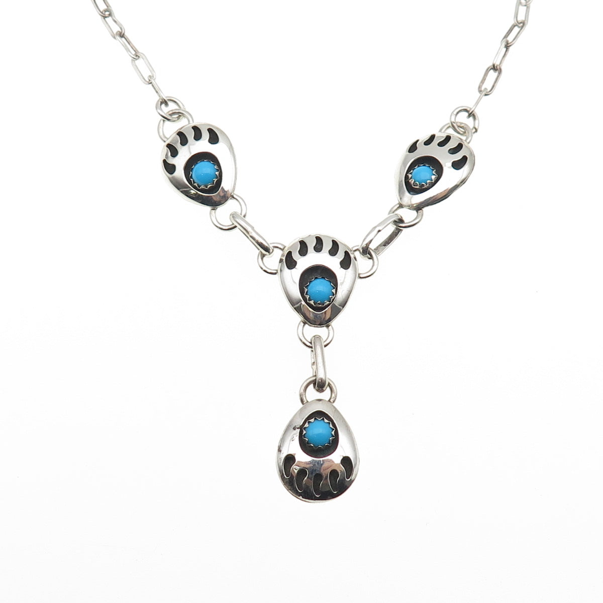 Old Pawn Sterling Silver Vintage Turquoise Bear Paw Tribal Chain Necklace 16"