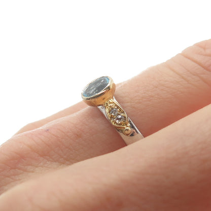 925 Sterling Silver 2-Tone Real Diamond & Blue Topaz Ring Size 8