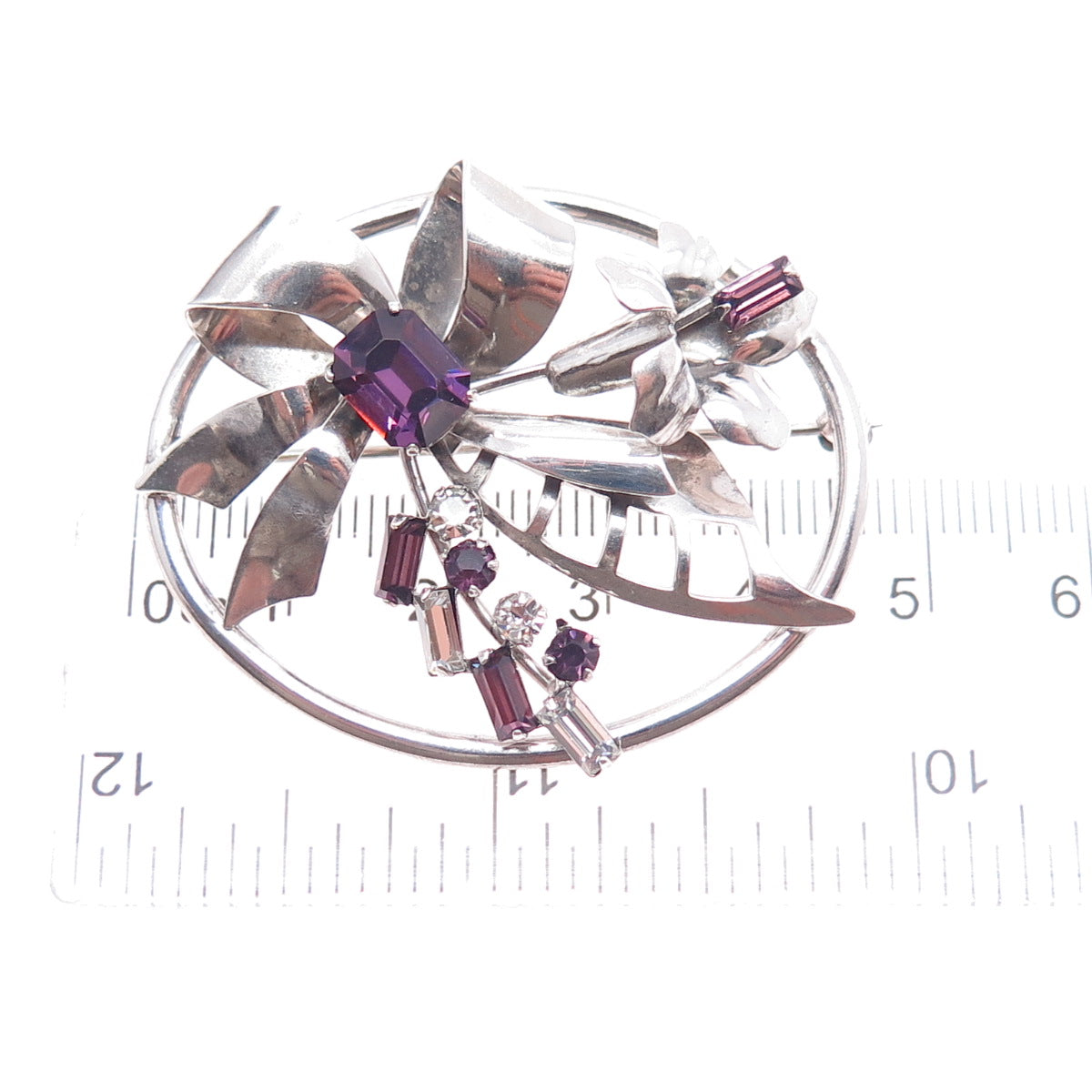 CARL ART 925 Sterling Silver Antique Purple & White Rhinestone Bow Pin Brooch