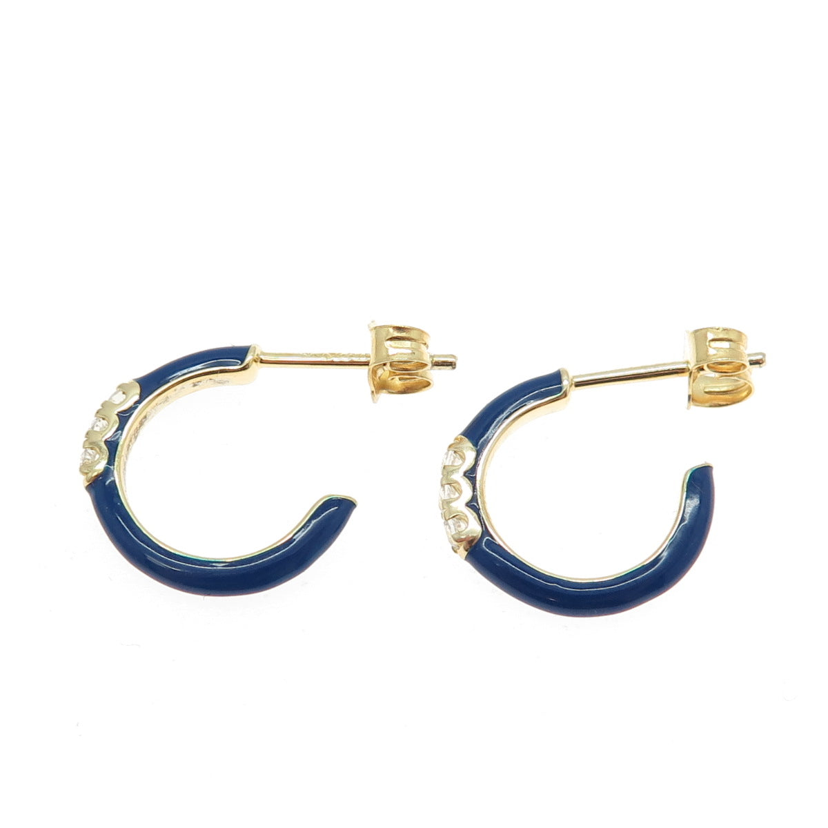 925 Sterling Silver Gold Plated C Z & Blue Enamel Half Hoop Earrings