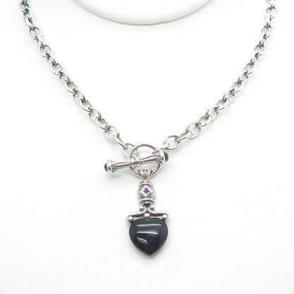 ROSS SIMONS 925 Sterling Silver Vintage Black Onyx & Amethyst Heart Necklace 16"