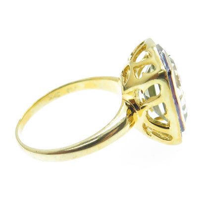 925 Sterling Silver Gold Plated White Diamond & Blue Topaz Gem Ring Size 8.75