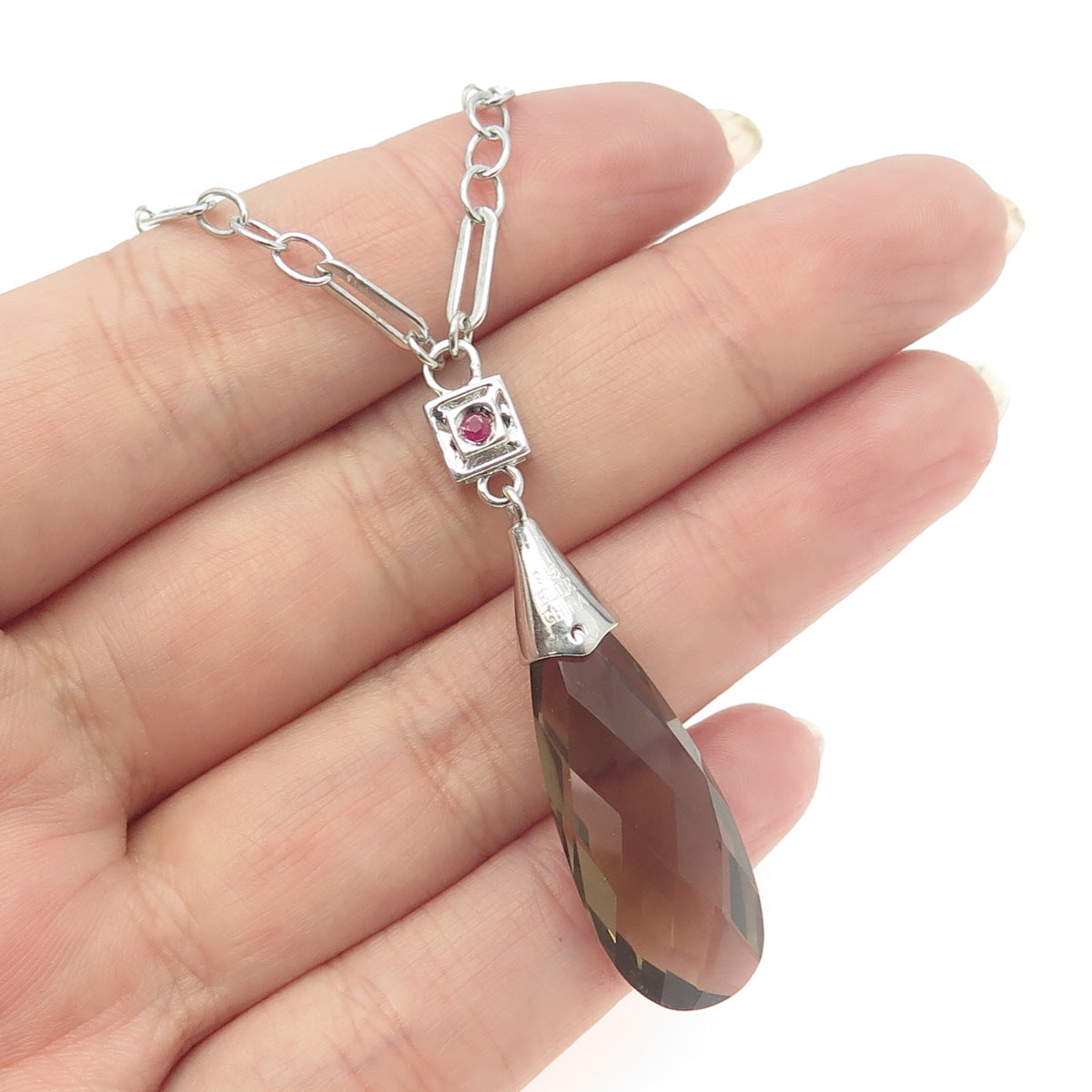 ELLE 925 Sterling Silver Real Smoky Quartz White Topaz & Ruby Gem Necklace 18"