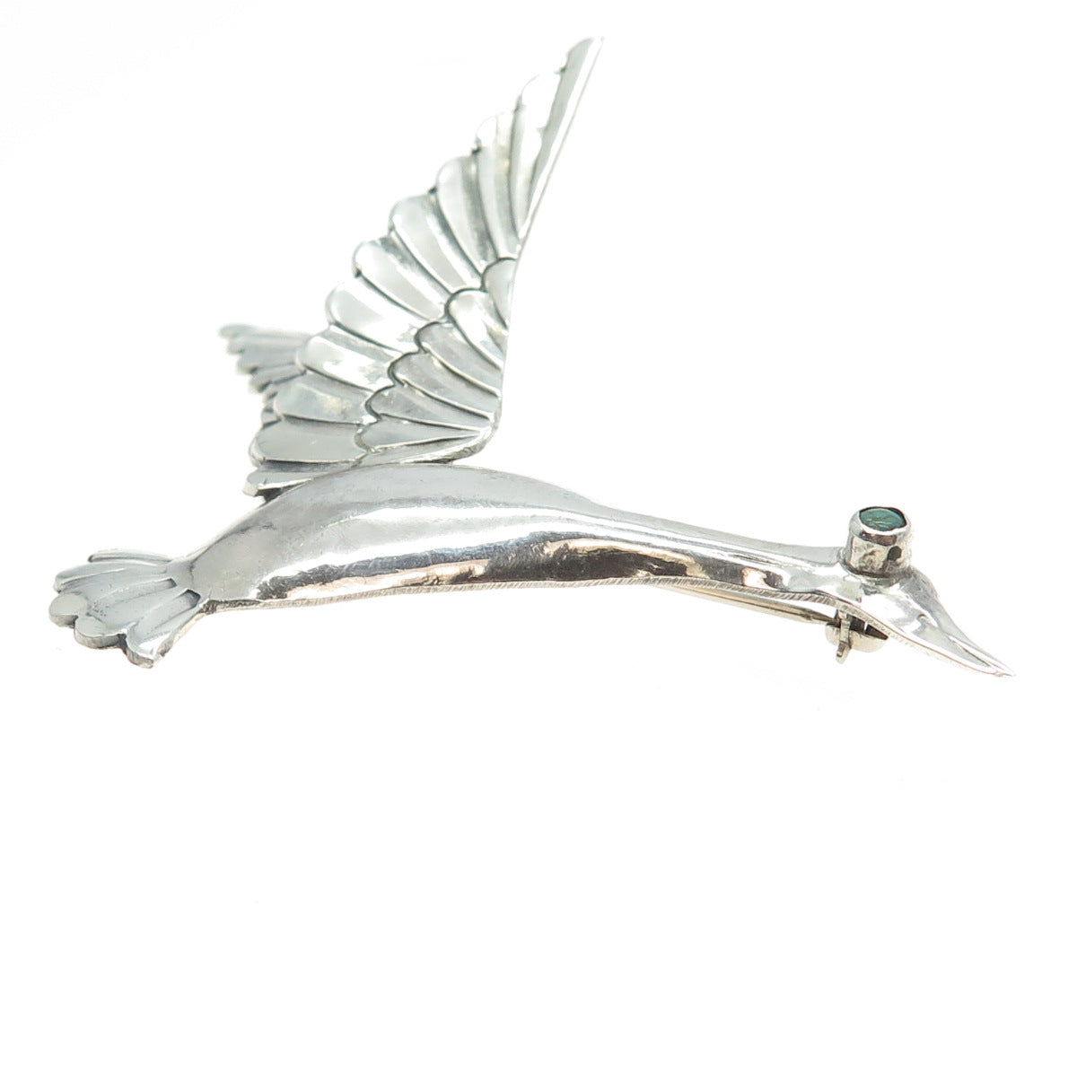 925 Sterling Silver Vintage Real Turquoise Gemstone Flying Swan Pin Brooch