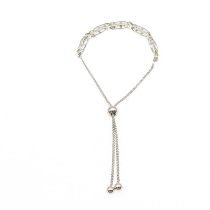 925 Sterling Silver 2-Tone Real Diamond X-Shape Adjustable Bolo Bracelet 6-9"