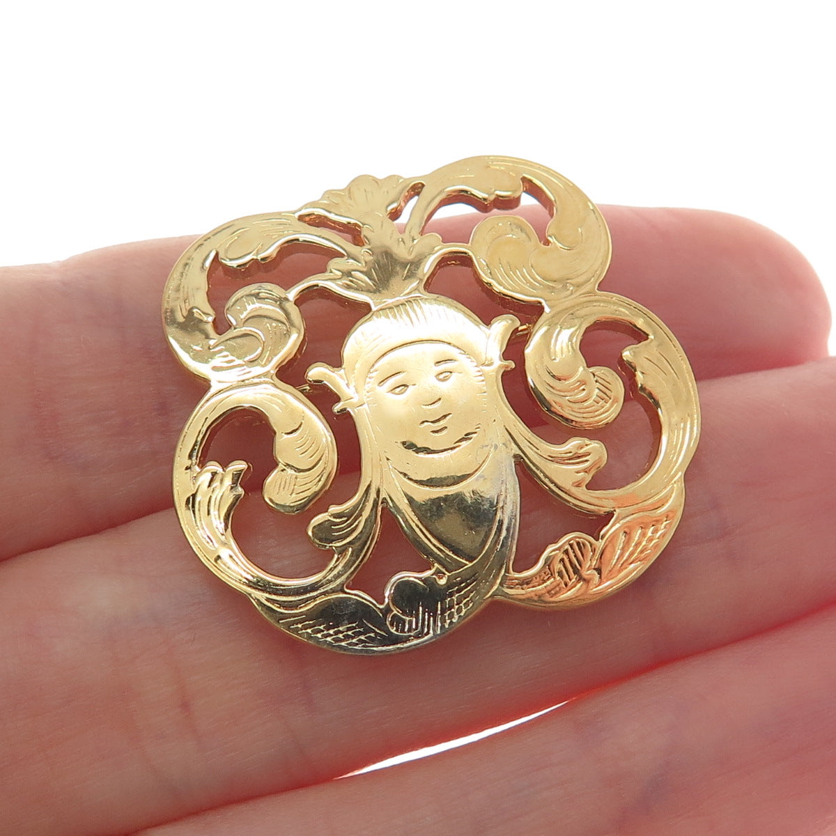 IC James Craig Sterling Silver Gold Plated Vintage Moon Face Ornate Pin Pendant