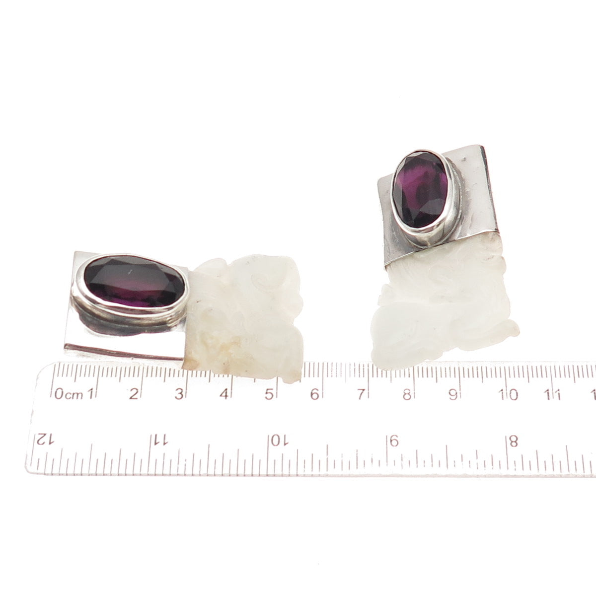 925 Sterling Vintage Real Jade & Amethyst Foo Dog Heavy 52.0g Clip On Earrings