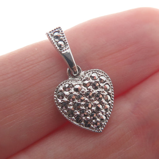 THEDA 925 Sterling Silver Vintage Real Marcasite Gem Heart Minimalist Pendant