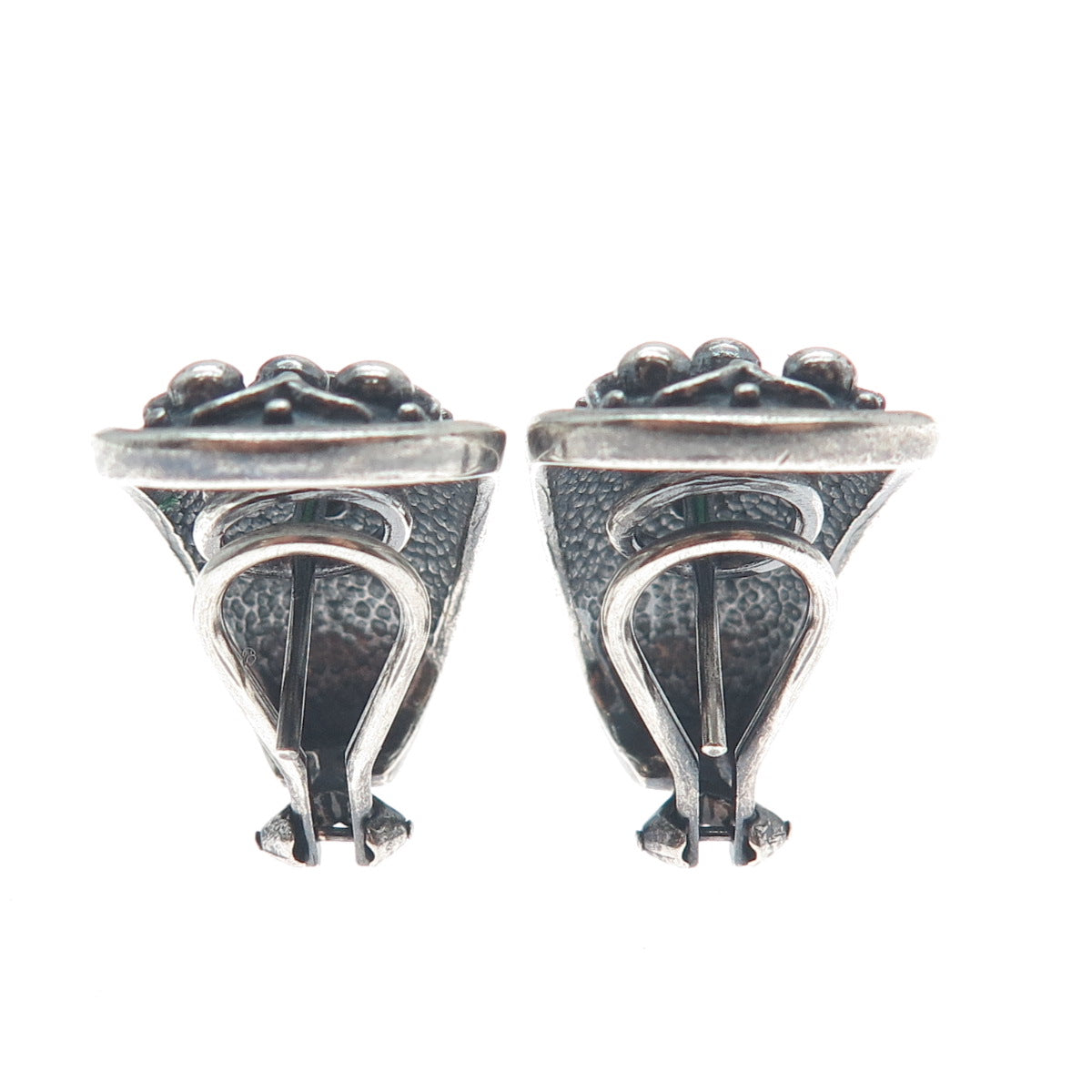 925 Sterling Silver Vintage Real Emerald Modernist Oxidized Omega Back Earrings