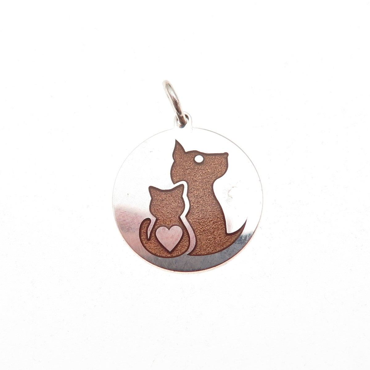 925 Sterling Silver Brown Enamel Cat & Dog Friendship Charm Pendant