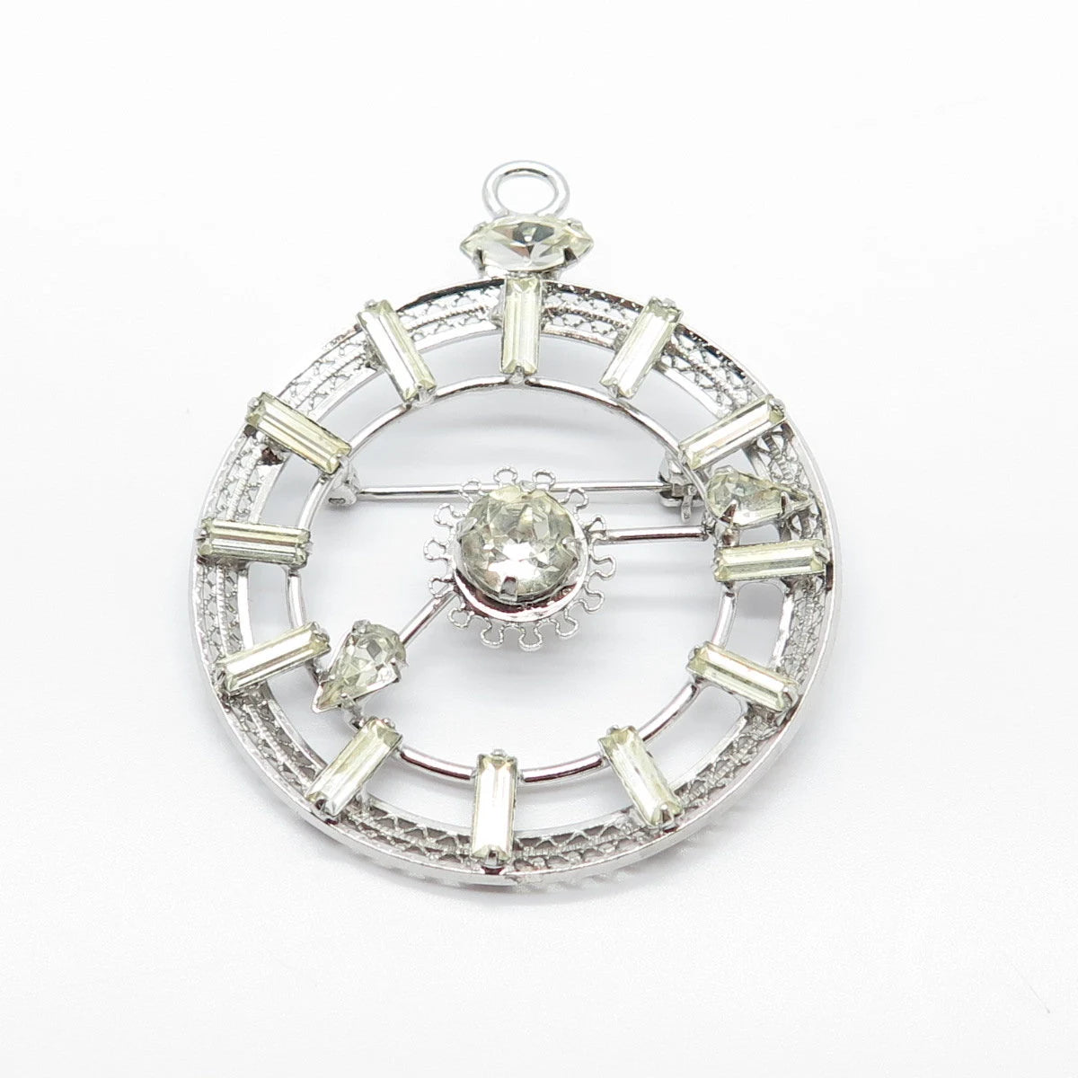925 Sterling Silver Antique Sharon Creations Rhinestone Clock Pin Brooch/Pendant