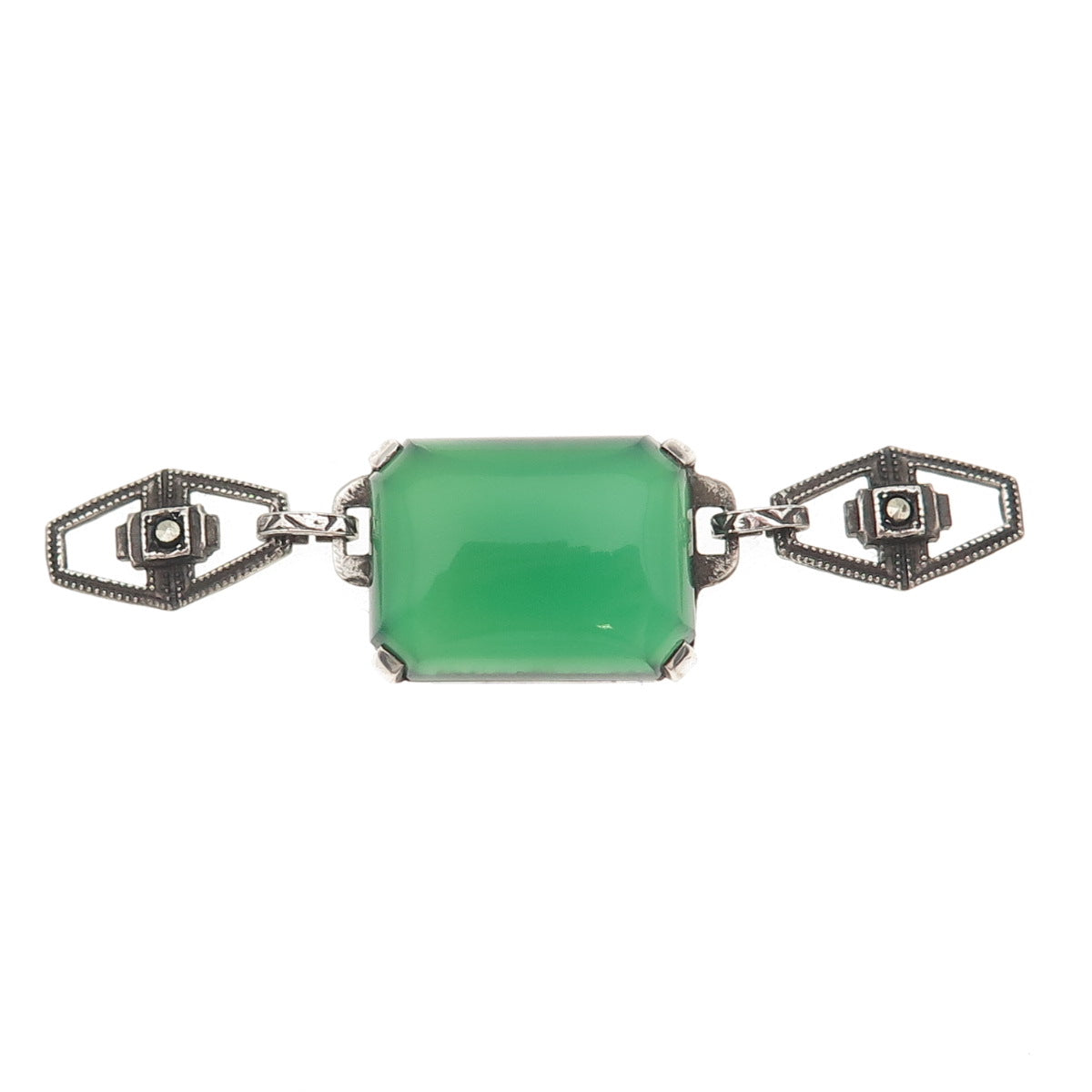 925 Sterling Antique Art Deco Real Green Onyx & Marcasite Bracelet Centerpiece