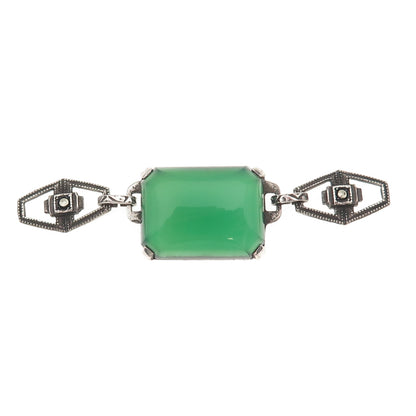 925 Sterling Antique Art Deco Real Green Onyx & Marcasite Bracelet Centerpiece