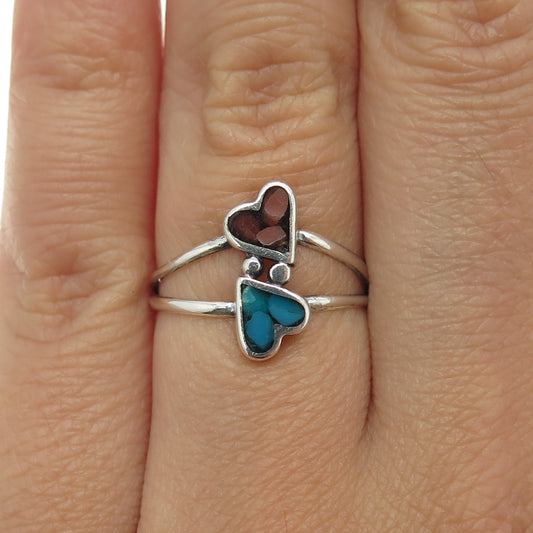 Old Pawn Sterling Silver Vintage Real Turquoise Coral Inlay Heart Ring Size 6.75