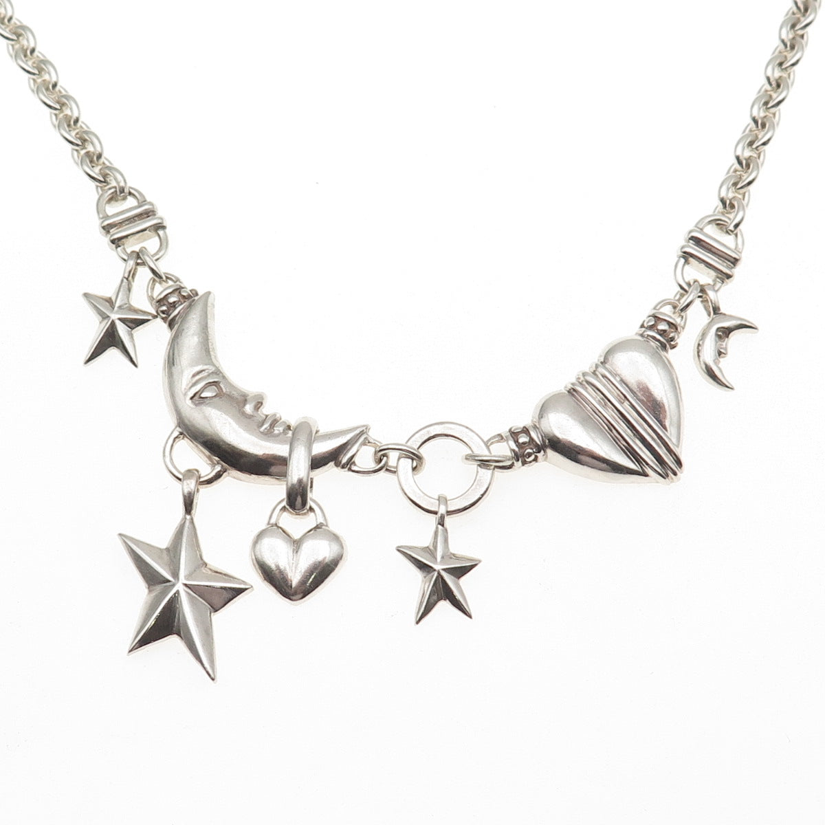 925 Sterling Silver Vintage Crescent Heart & Star Cable Chain Necklace 14"