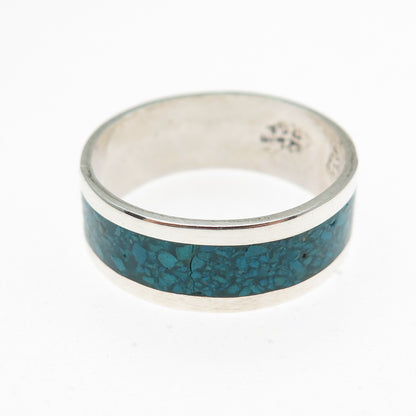925 Sterling Silver Vintage Mexico Real Turquoise Inlay Band Ring Size 10.25