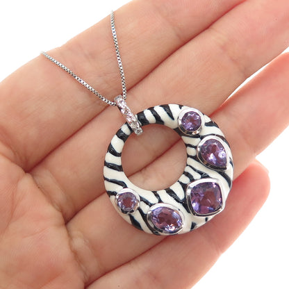 925 Sterling Silver Enamel Real Amethyst White Topaz Zebra Pattern Necklace 18"