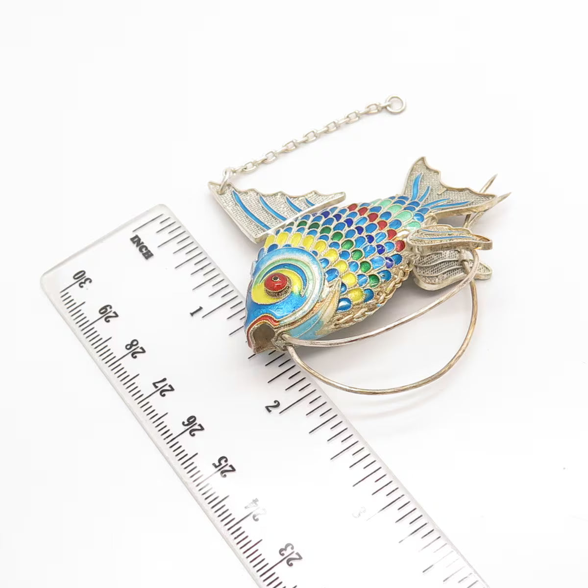 925 Sterling Silver Antique Enamel Articulated Chinese Koi Fish Chatelaine Fob