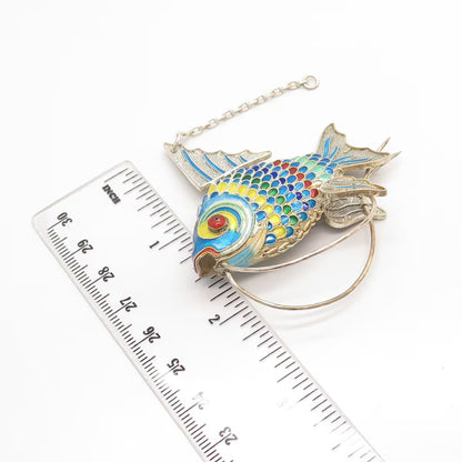 925 Sterling Silver Antique Enamel Articulated Chinese Koi Fish Chatelaine Fob