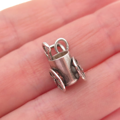 925 Sterling Silver Antique Art Deco Movable Garden Cart Basket 3D Mini Pendant