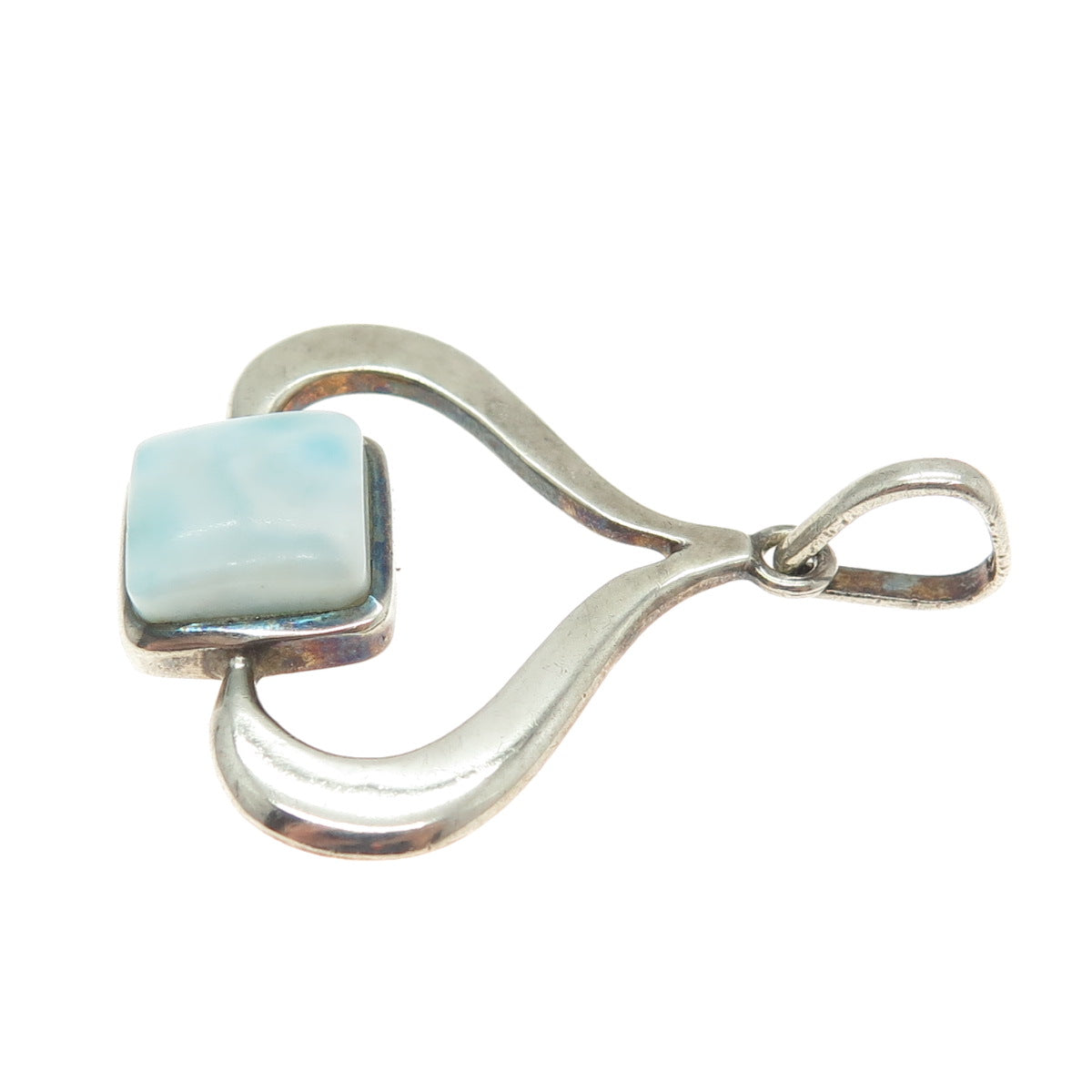 925 Sterling Silver Vintage Real Larimar Gemstone Modernist Pendant