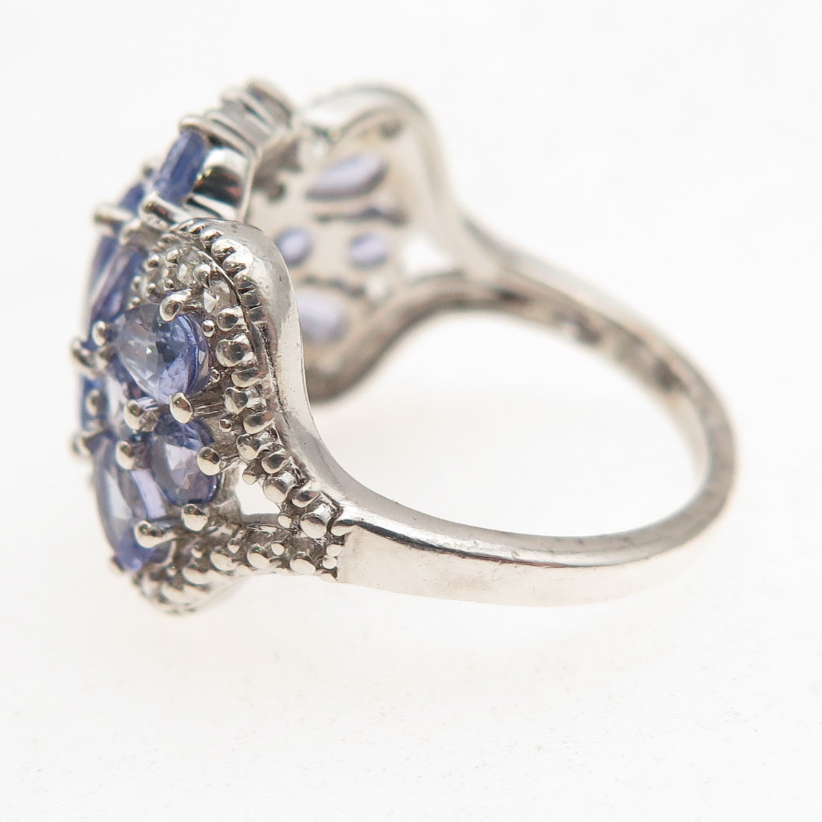 925 Sterling Silver Real Tanzanite & White Topaz Cluster Ring Size 7