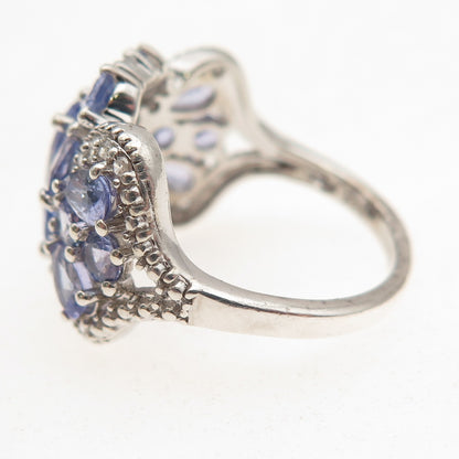 925 Sterling Silver Real Tanzanite & White Topaz Cluster Ring Size 7