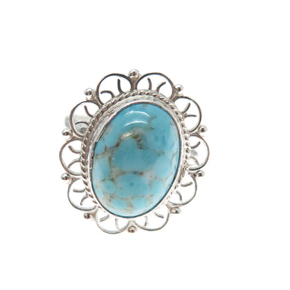 925 Sterling Silver Vintage Faux Turquoise Filigree Flower Ring Size 8