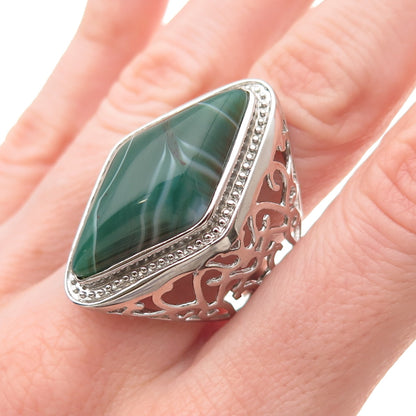 Ken Crafts 925 Sterling Silver Real Green Agate Floral Scroll Ring Size 9.75