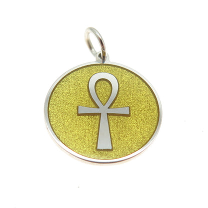 925 Sterling Silver Yellow Enamel Egyptian Ankh Round Minimalist Charm Pendant