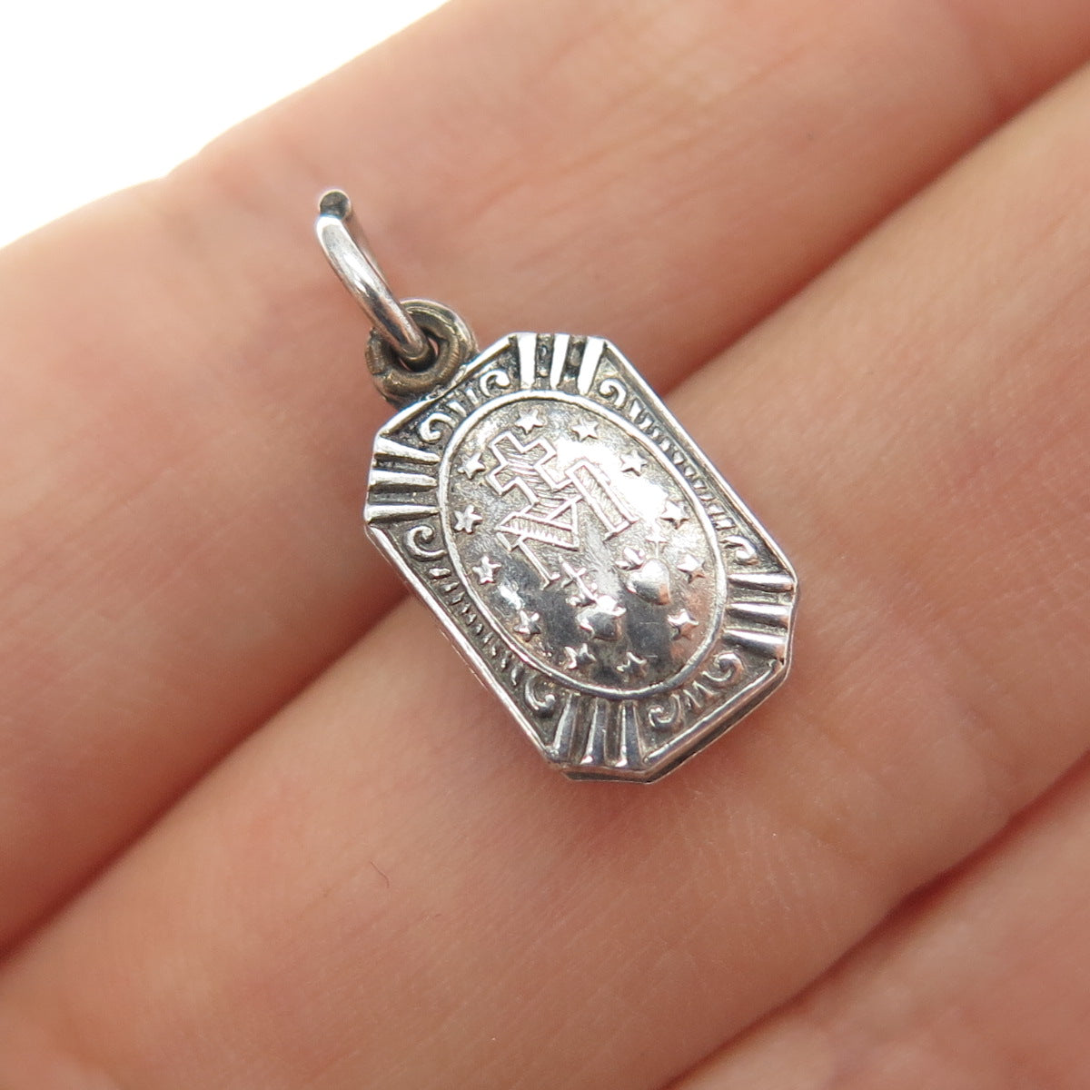 925 Sterling Silver Antique Enamel St. Mary Religious Baby Slide Mini Pendant