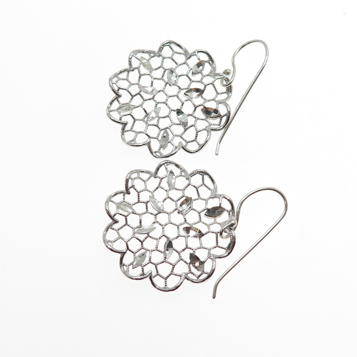 925 Sterling Silver Vintage Flower Filigree Dangle Earrings